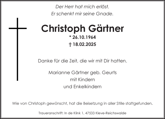 Traueranzeige von Christoph Gärtner von NNA