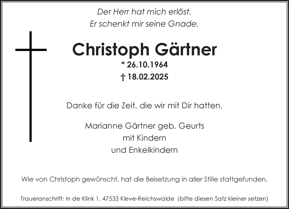  Traueranzeige für Christoph Gärtner vom 08.03.2025 aus NNA