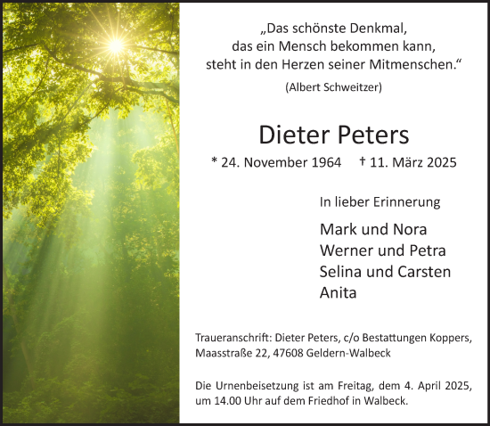 Traueranzeige von Dieter Peters von NNA