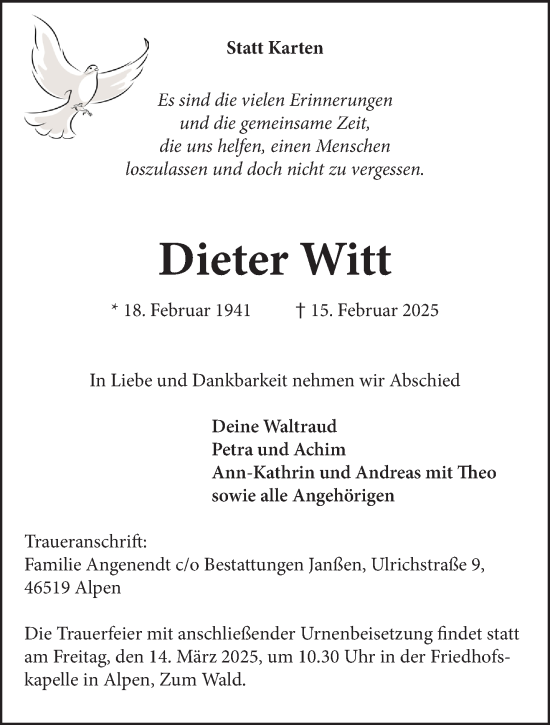 Traueranzeige von Dieter Witt von NNA