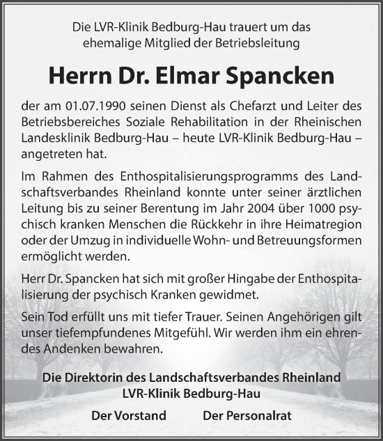 Traueranzeige von Elmar Spancken von NNA