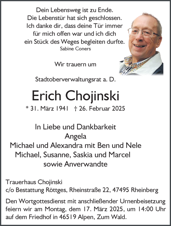 Traueranzeige von Erich Chojinski von NNA