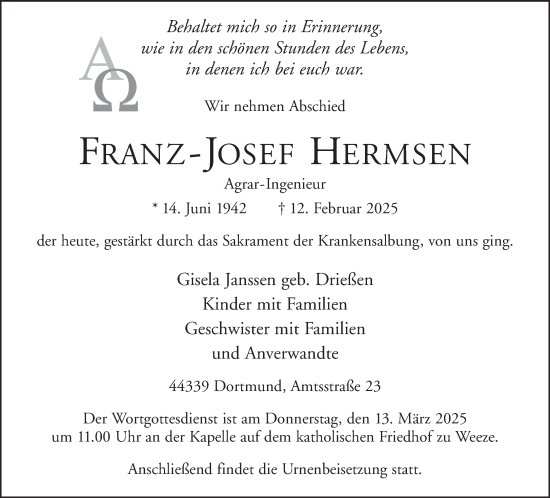 Traueranzeige von Franz-Josef Hermsen von NNA