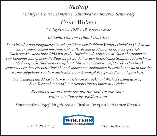 Traueranzeige von Franz Wolters von NNA