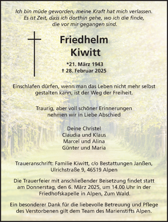 Traueranzeige von Friedhelm Kiwitt von NNA