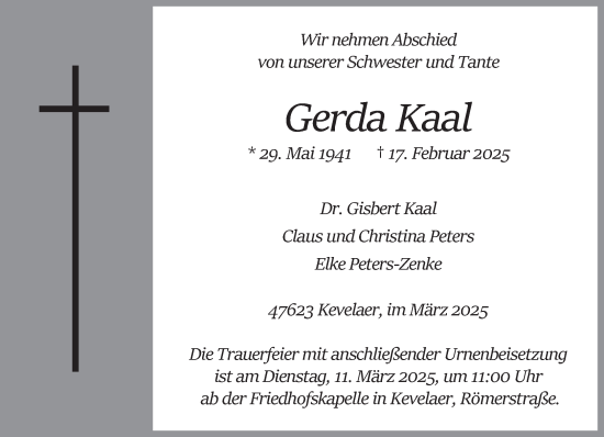 Traueranzeige von Gerda Kaal von NNA