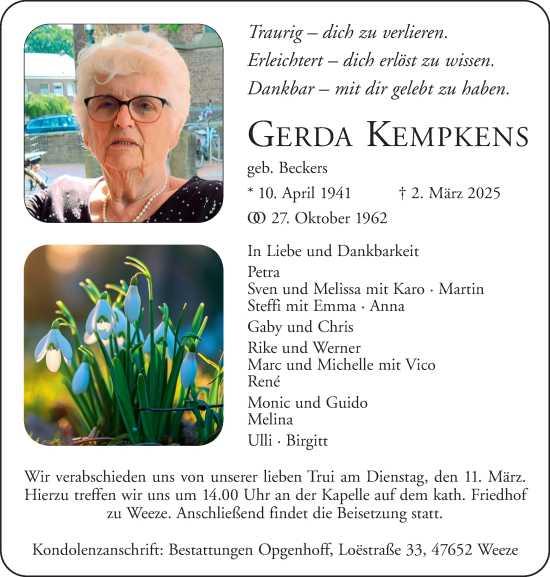 Traueranzeige von Gerda Kempkens von NNA