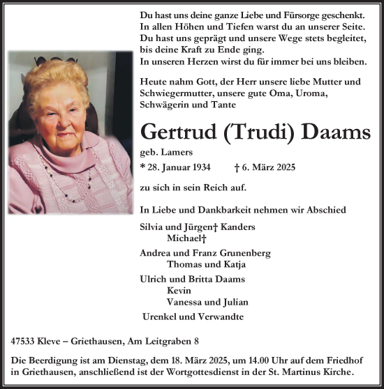 Traueranzeige von Gertrud Daams von NNA