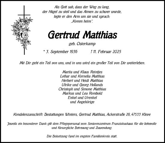 Traueranzeige von Gertrud Matthias von NNA