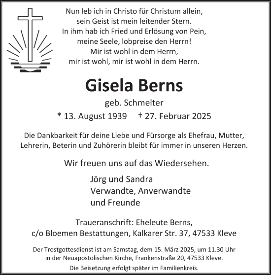 Traueranzeige von Gisela Berns von NNA