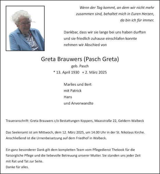 Traueranzeige von Greta Brauwers von NNA