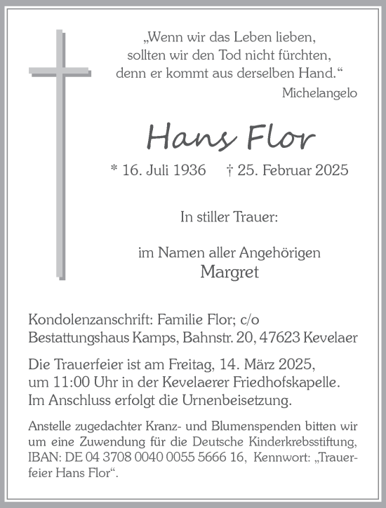 Traueranzeige von Hans Flor von NNA