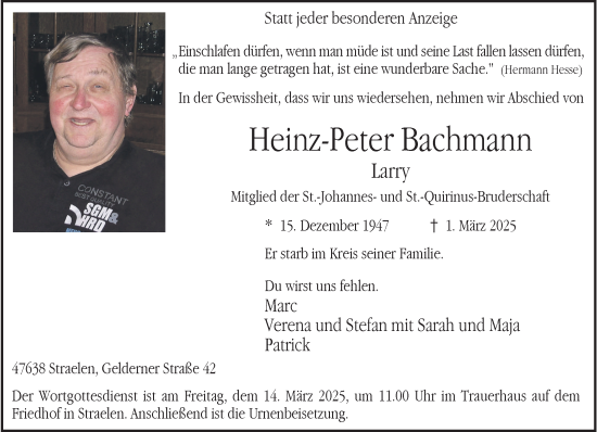 Traueranzeige von Heinz-Peter Bachmann von NNA