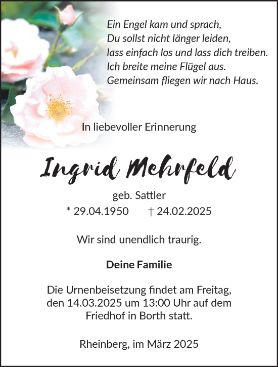 Traueranzeige von Ingrid Mehrfeld von NNA