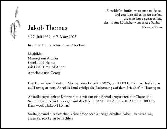 Traueranzeige von Jakob Thomas von NNA