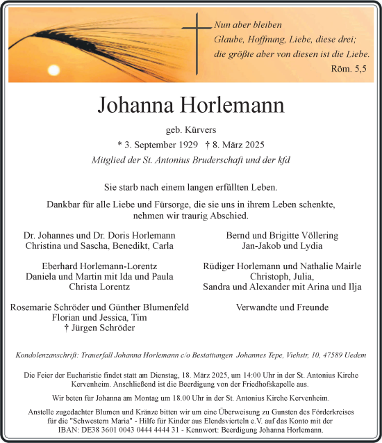 Traueranzeige von Johanna Horlemann von NNA