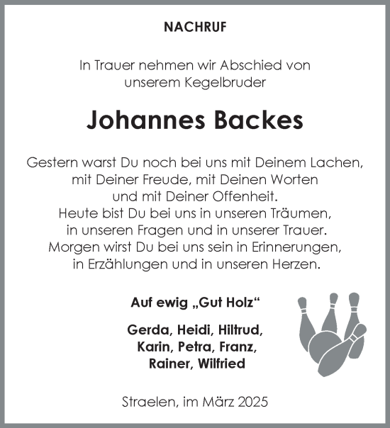 Traueranzeige von Johannes Backes von NNA