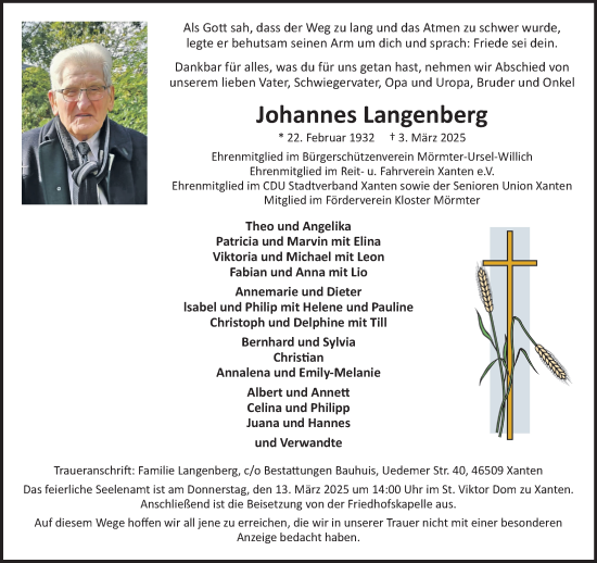 Traueranzeige von Johannes Langenberg von NNA