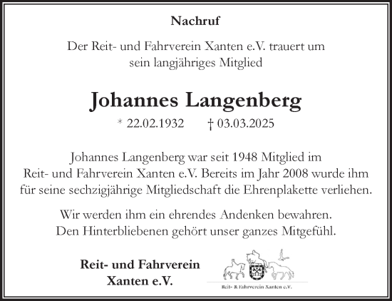 Traueranzeige von Johannes Langenberg von NNA