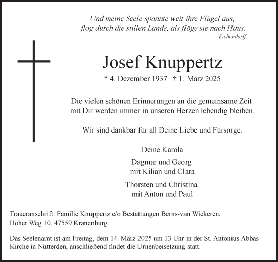 Traueranzeige von Josef Knuppertz von NNA