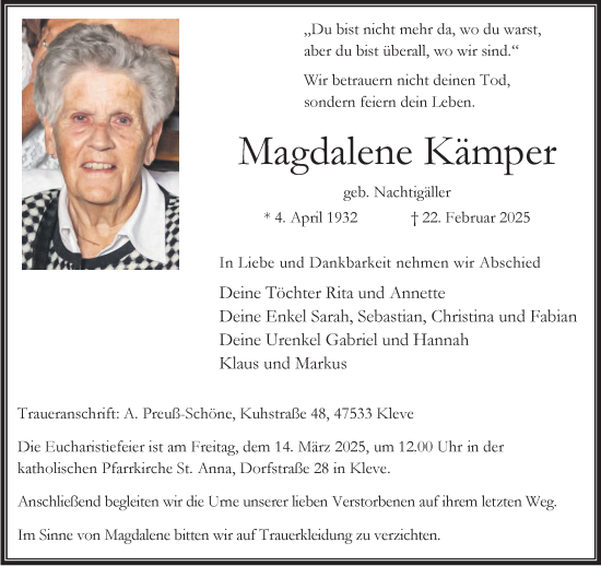 Traueranzeige von Magdalene Kämper von NNA