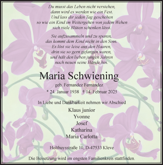 Traueranzeige von Maria Schwiening von NNA