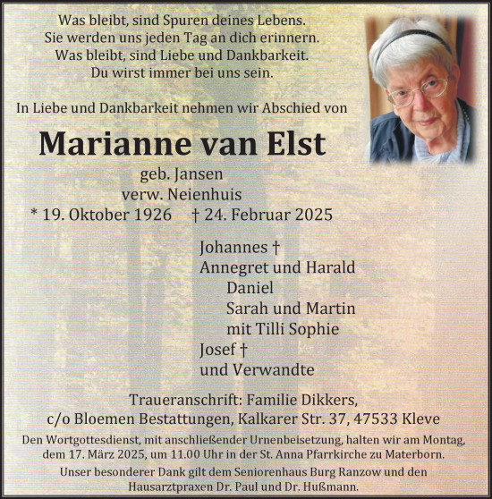 Traueranzeige von Marianne van Elst von NNA