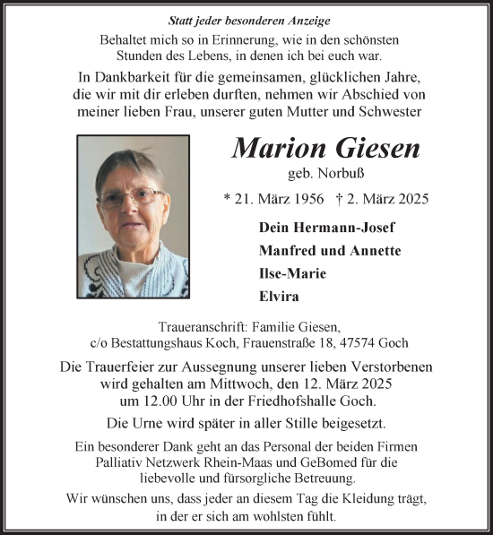 Traueranzeige von Marion Giesen von NNA