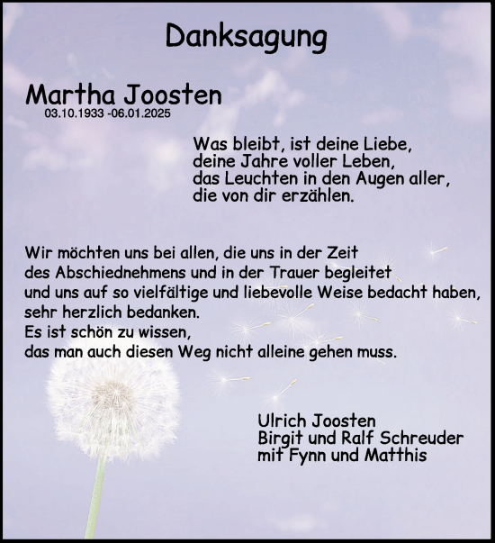 Traueranzeige von Martha Joosten von NNA