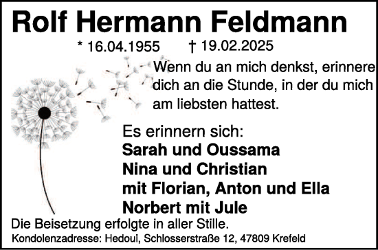 Traueranzeige von Rolf Hermann Feldmann von NNA