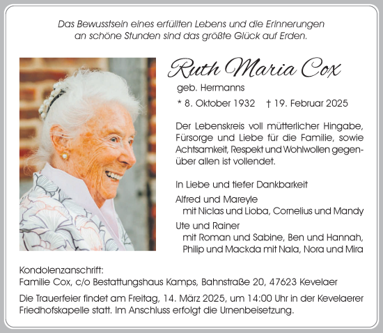 Traueranzeige von Ruth Maria Cox von NNA