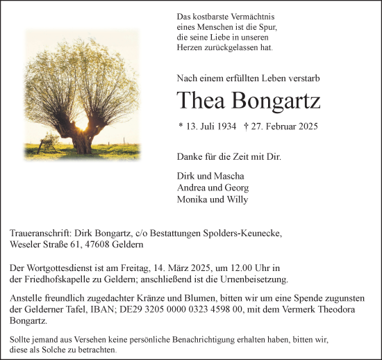 Traueranzeige von Thea Bongartz von NNA