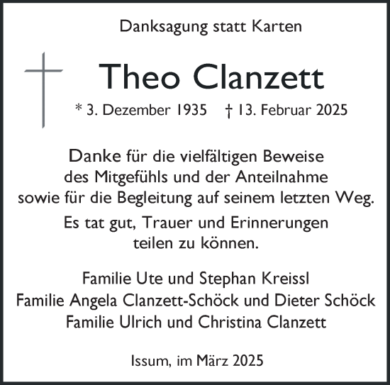 Traueranzeige von Theo Clanzett von NNA