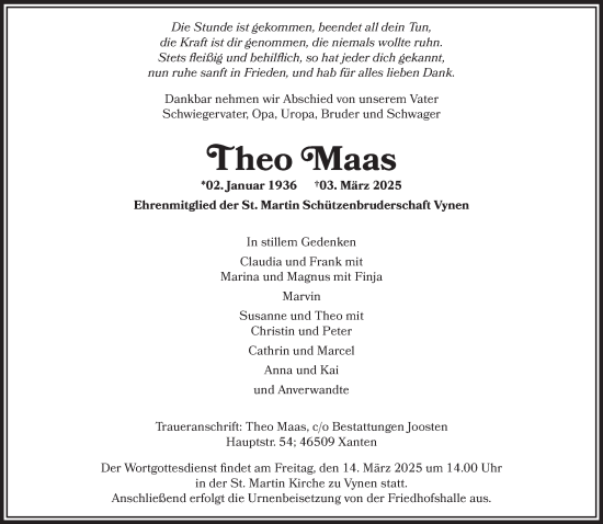 Traueranzeige von Theo Maas von NNA