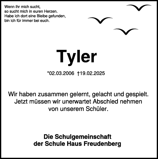 Traueranzeige von Tyler (Rübe) von NNA