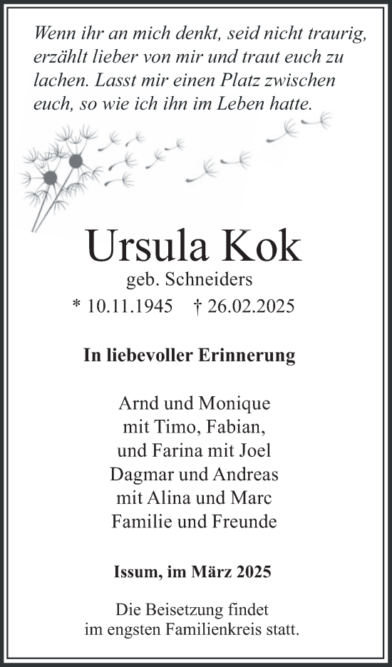 Traueranzeige von Ursula Kok von NNA