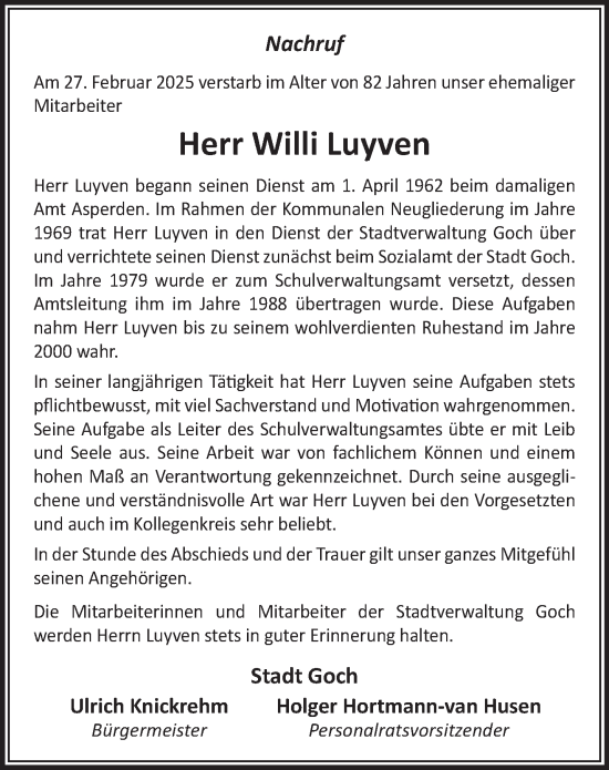 Traueranzeige von Willi Luyven von NNA