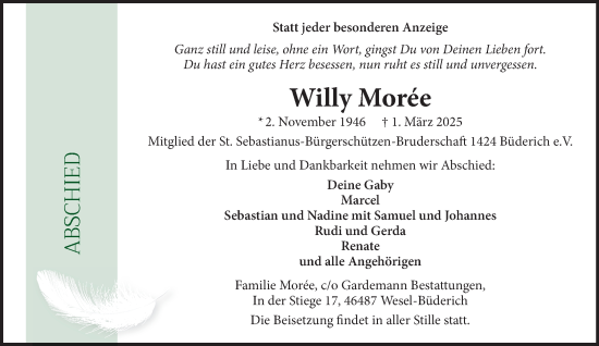 Traueranzeige von Willy Moree von NNA